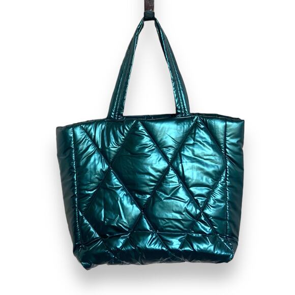 Victoria's Secret Puffer Tote Metallic Teal Green Quilted Bag‎ Blue Green NEW - Picture 5 of 7